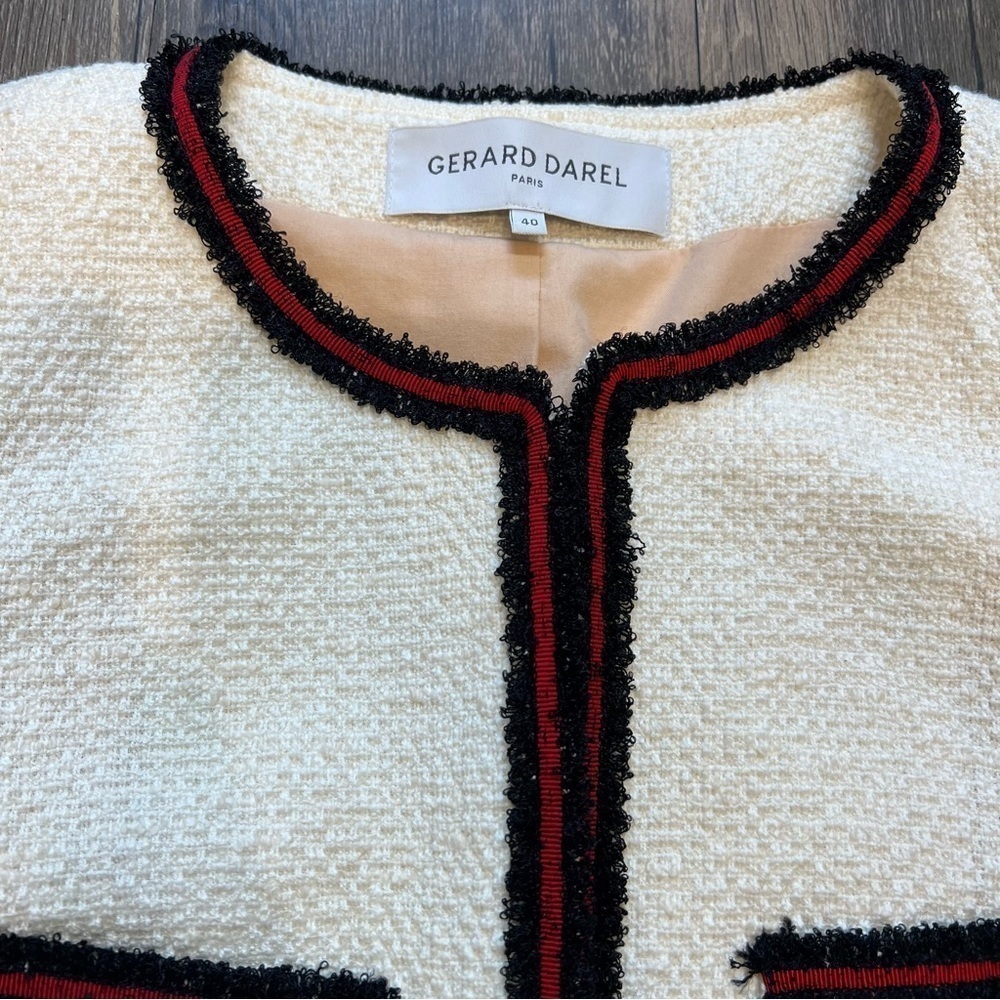 Gerard Darel Ivory Woven Tweed Blazer Long Sleeves Mock Neck Mid Length Summer M - Picture 10 of 15
